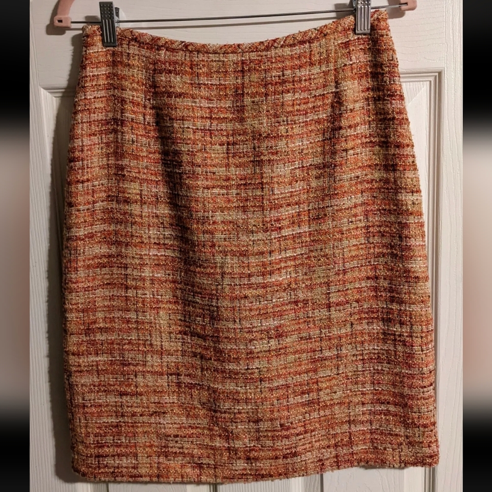 Colorful Tweed Pencil Skirt 4P Red Pink Orange Modern Classic Knee Length Retro